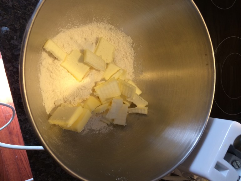 1.Flour, Salt, and Unsalted Butter cubes in the mixer